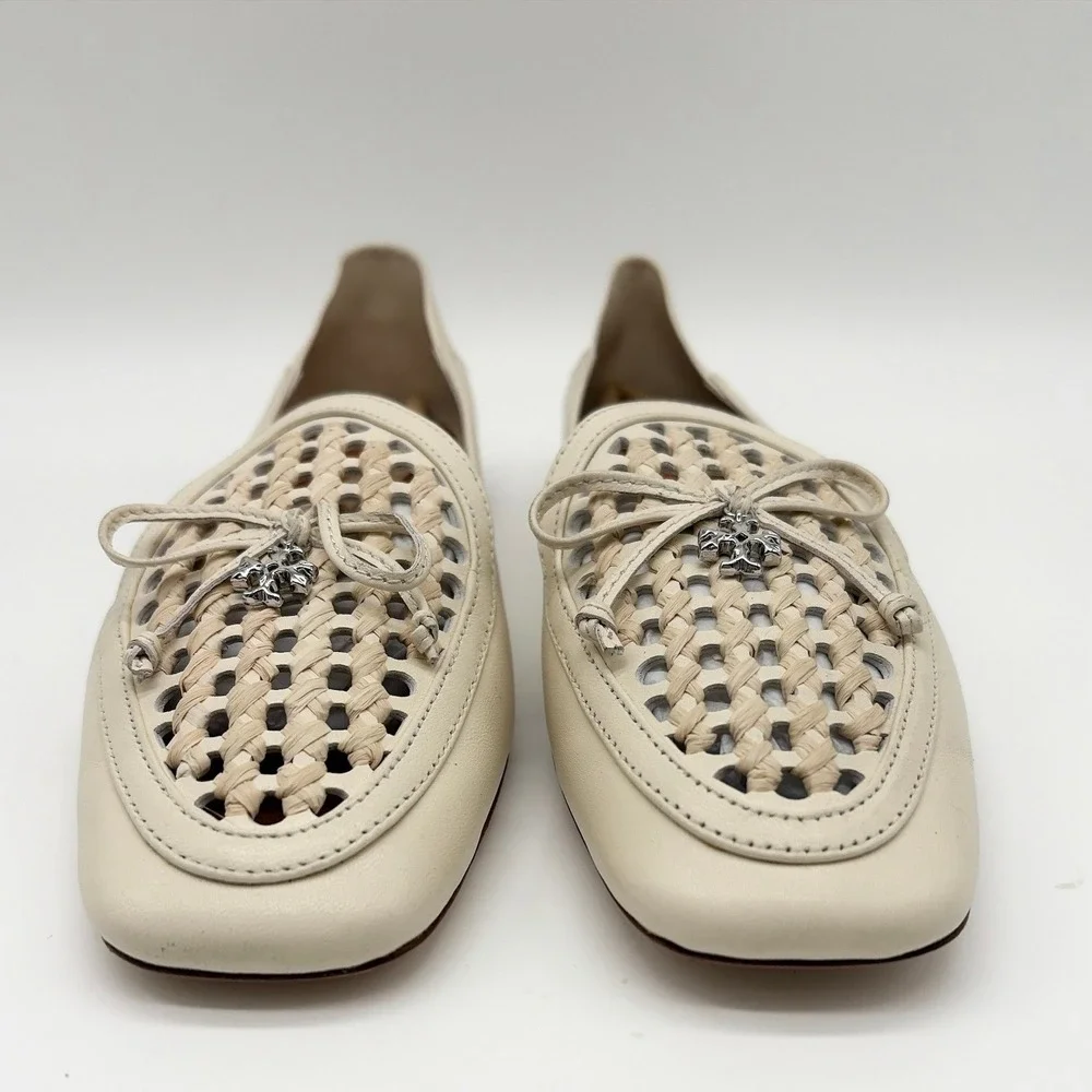 Tory Burch Woven Leather Ivory Charm Loafers Square Toe Flats Bow Detail Size 7